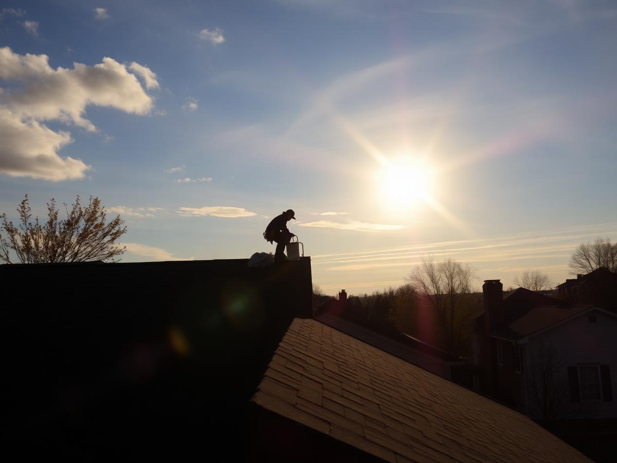 Roofer working on a residential roof at golden hour